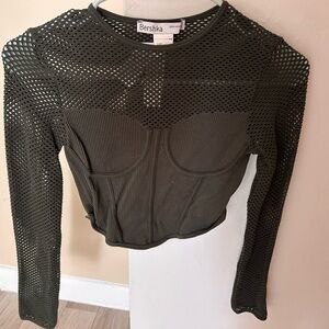 Bershka Women's Olive Green Mesh Top